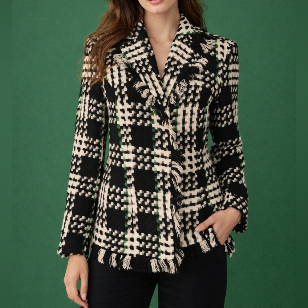 Vtg RUSSELL KEMP Tweed Plaid Fringe Open Front Blazer
